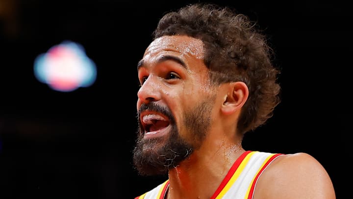 Trae Young #11 of the Atlanta Hawks reacts against the Boston Celtics.