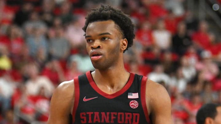 Mar 7, 2026; Raleigh, North Carolina, USA;  Stanford Cardinal guard Ebuka Okorie (1) reacts after scoring against the NC State Wolfpack during the first half at Lenovo Center. Mandatory Credit: Zachary Taft-Imagn Images