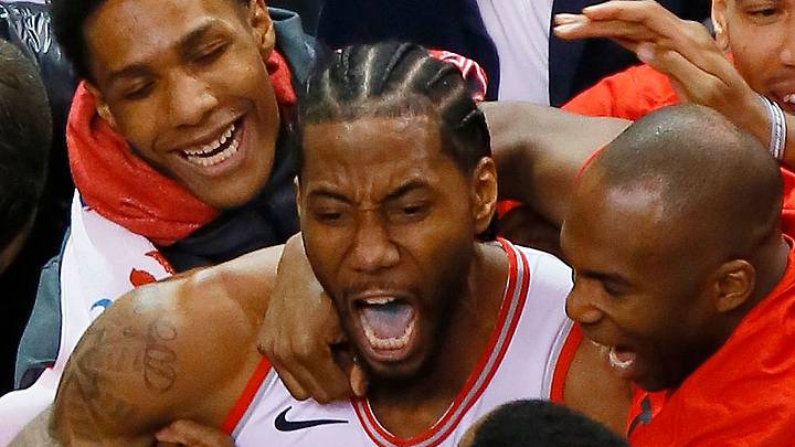 Kawhi Leonard and the Raptors celebrate his series-clinching shot.

2019-05-12 Kawhi Leonard2