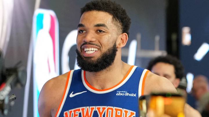Jun 5, 2026; San Antonio, Texas, USA; New York Knicks center Karl-Anthony Towns (32) reacts after game two of the 2026 NBA Finals at Frost Bank Center. Mandatory Credit: Daniel Dunn-Imagn Images