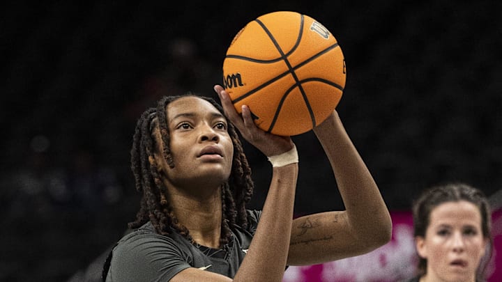 Mar 7, 2025; Kansas City, MO, USA; Colorado Buffaloes forward Jade Masogayo (14) shoots a free throw against the TCU Horned Frogs during the fourth quarter at T-Mobile Center. Mandatory Credit: Amy Kontras-Imagn Images