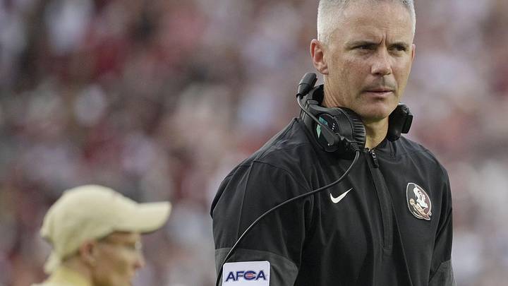 Aug 30, 2025; Tallahassee, Florida, USA; Florida State Seminoles head coach Mike Norvell reacts after a play against the Alabama Crimson Tide during the second half at Doak S. Campbell Stadium. Mandatory Credit: Melina Myers-Imagn Images