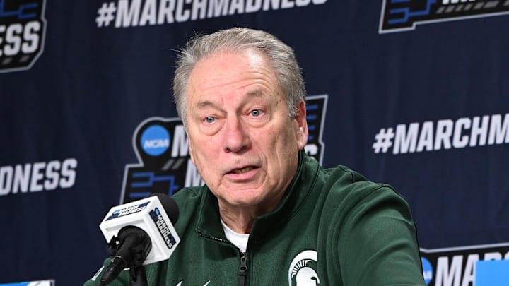 Mar 21, 2026; Buffalo, NY, USA;Michigan State Spartans head coach Tom Izzo speaks with media after the game against the Louisville Cardinals during a second round game of the men's 2026 NCAA Tournament at Keybank Center. Mandatory Credit: Mark Konezny-Imagn Images