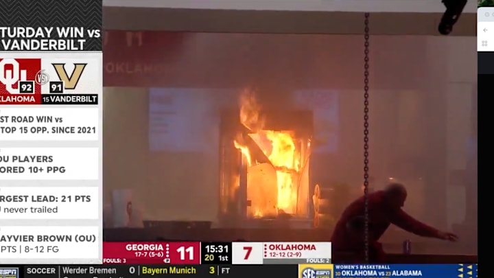 A popcorn machine caught fire during the Georgia-Oklahoma game.
