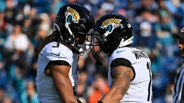 Nov 30, 2025; Nashville, Tennessee, USA; Jacksonville Jaguars wide receiver Jakobi Meyers (3) celebrates with his teammates after touchdown against the Tennessee Titans during the first half at Nissan Stadium. Mandatory Credit: Steve Roberts-Imagn Images Nov 30, 2025; Nashville, Tennessee, USA; Jacksonville Jaguars wide receiver Jakobi Meyers (3) celebrates with his teammates after touchdown against the Tennessee Titans during the first half at Nissan Stadium. Mandatory Credit: Steve Roberts-Imagn Images