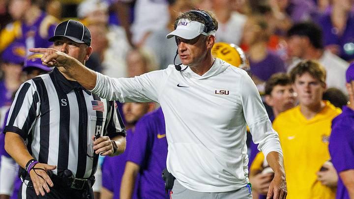 LSU Tigers head coach Lane Kiffin reacts to a play against Clemson Tigers during the first half at Tiger Stadium. LSU Tigers head coach Lane Kiffin reacts to a play against Clemson Tigers during the first half at Tiger Stadium.