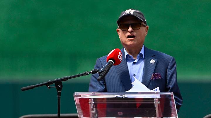 Jun 18, 2022; Washington, District of Columbia, USA; Washington Nationals owner Mark Lerner speaks during the Ryan Zimmerman jersey retirement ceremony before the game between the Washington Nationals and the Philadelphia Phillies at Nationals Park. Mandatory Credit: Brad Mills-USA TODAY Sports