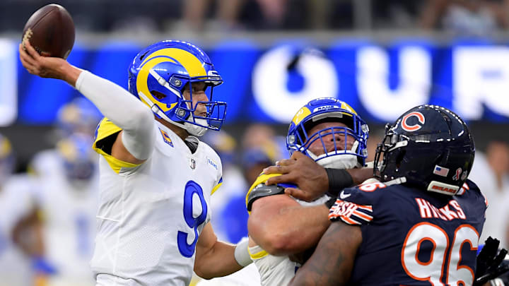 Sep 12, 2021; Inglewood, California, USA;  Los Angeles Rams quarterback Matthew Stafford (9) looks for an open receiver in the end zone in the first half of the game against the Chicago Bears at SoFi Stadium. Mandatory Credit: Jayne Kamin-Oncea-Imagn Images