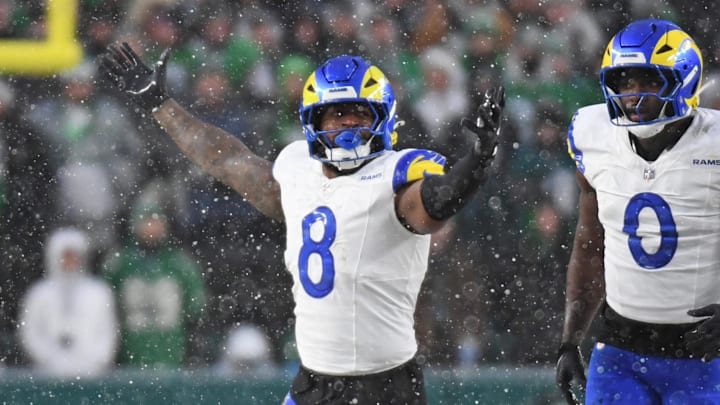 Jan 19, 2025; Philadelphia, Pennsylvania, USA; Los Angeles Rams linebacker Jared Verse (8) and linebacker Byron Young (0) celebrate a sack against the Philadelphia Eagles in a 2025 NFC divisional round game at Lincoln Financial Field. Mandatory Credit: Eric Hartline-Imagn Images Jan 19, 2025; Philadelphia, Pennsylvania, USA; Los Angeles Rams linebacker Jared Verse (8) and linebacker Byron Young (0) celebrate a sack against the Philadelphia Eagles in a 2025 NFC divisional round game at Lincoln Financial Field. Mandatory Credit: Eric Hartline-Imagn Images