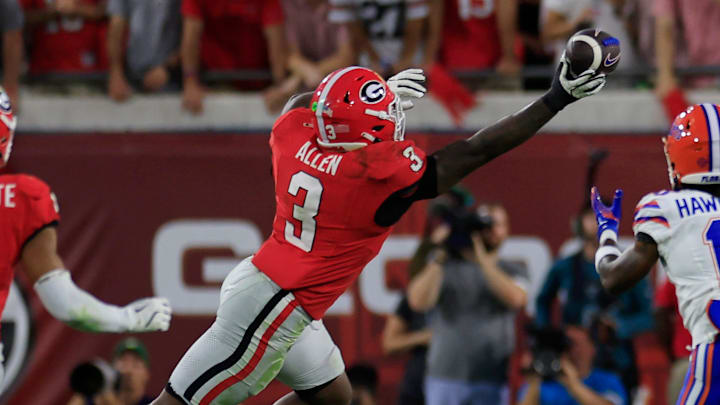 Georgia Bulldogs linebacker CJ Allen (3) breaks up a pass intended for Florida Gators wide receiver Tank Hawkins (10) during the fourth quarter of an NCAA college football matchup Saturday, Nov. 2, 2024 at EverBank Stadium in Jacksonville, Fla. The Georgia Bulldogs defeated the Florida Gators 34-20. [Corey Perrine/Florida Times-Union]