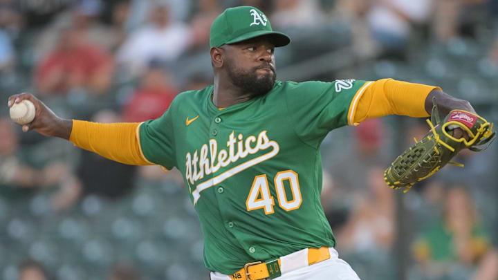 Jul 11, 2025; West Sacramento, California, USA; Athletics pitcher Luis Severino (40) throws a pitch against the Toronto Blue Jays during the third inning at Sutter Health Park. Mandatory Credit: Ed Szczepanski-Imagn Images
