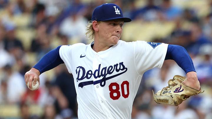 Los Angeles Dodgers starting pitcher Emmet Sheehan (80) throws