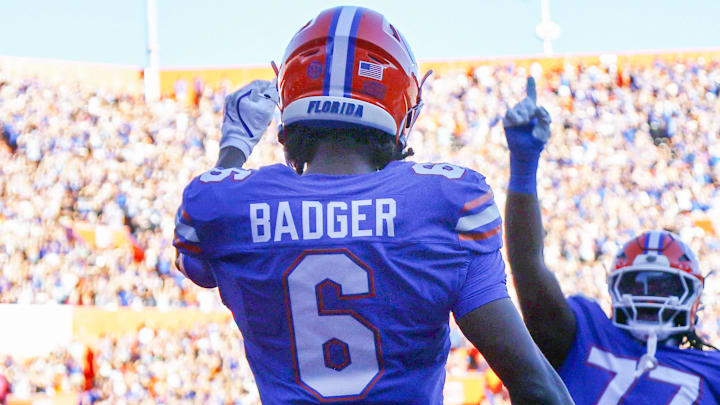 Nov 16, 2024; Gainesville, Florida, USA; Florida Gators wide receiver Elijhah Badger (6) is congratulated after he scored a touchdown against the LSU Tigers during the first half at Ben Hill Griffin Stadium. Mandatory Credit: Kim Klement Neitzel-Imagn Images Nov 16, 2024; Gainesville, Florida, USA; Florida Gators wide receiver Elijhah Badger (6) is congratulated after he scored a touchdown against the LSU Tigers during the first half at Ben Hill Griffin Stadium. Mandatory Credit: Kim Klement Neitzel-Imagn Images