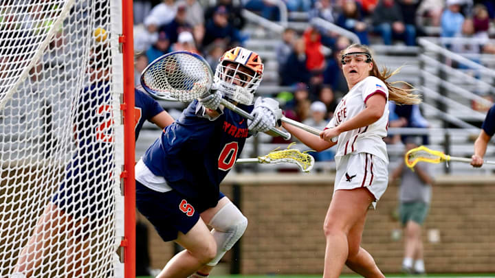 Kylee Colbert (right) in Boston College's April 16 game against Syracuse