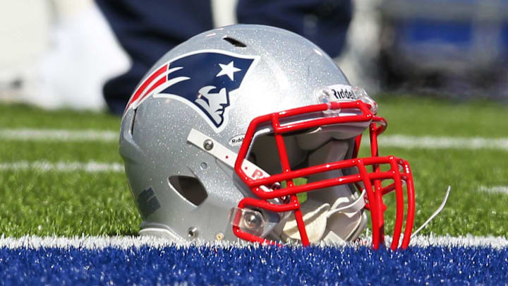 Sept. 30, 2012; Orchard Park, NY, USA; A general view of of a helmet used by a New England Patriots player before a game against the Buffalo Bills at Ralph Wilson Stadium. Mandatory Credit: Timothy T. Ludwig-Imagn Images Sept. 30, 2012; Orchard Park, NY, USA; A general view of of a helmet used by a New England Patriots player before a game against the Buffalo Bills at Ralph Wilson Stadium. Mandatory Credit: Timothy T. Ludwig-Imagn Images