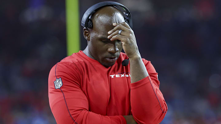Nov 10, 2024; Houston, Texas, USA; Houston Texans head coach DeMeco Ryans reacts during the third quarter against the Detroit Lions at NRG Stadium. Mandatory Credit: Troy Taormina-Imagn Images