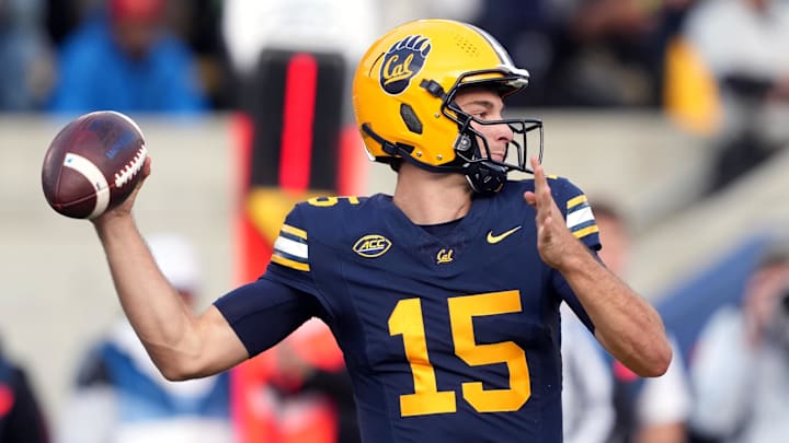 California quarterback Fernando Mendoza (15) throws against Stanford at California Memorial Stadium. California quarterback Fernando Mendoza (15) throws against Stanford at California Memorial Stadium.