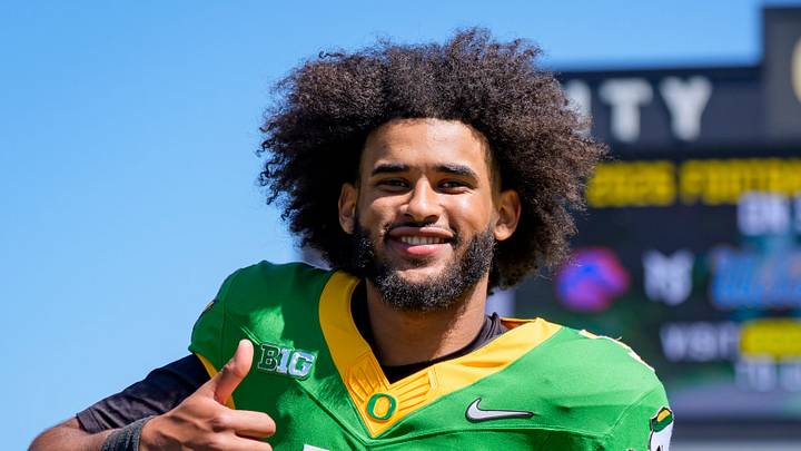 Oregon quarterback Dante Moore walks off the field during the Oregon Ducks annual spring game on April 25, 2026 at Autzen Stadium in Eugene, Oregon. Oregon quarterback Dante Moore walks off the field during the Oregon Ducks annual spring game on April 25, 2026 at Autzen Stadium in Eugene, Oregon.