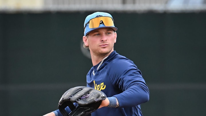 Milwaukee Brewers infielder/outfielder Jett Williams throws to first during spring training workouts Monday, February 16, 2026, at American Family Fields of Phoenix in Phoenix, Arizona.