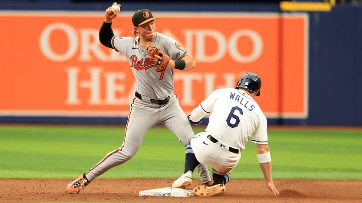 Aug 16, 2026; St. Petersburg, Florida, USA; Baltimore Orioles second baseman Jackson Holliday (7) forces out Tampa Bay Rays shortstop Taylor Walls (6) and throws the ball to first base during the fifth inning at Tropicana Field. Mandatory Credit: Kim Klement Neitzel-Imagn Images Aug 16, 2026; St. Petersburg, Florida, USA; Baltimore Orioles second baseman Jackson Holliday (7) forces out Tampa Bay Rays shortstop Taylor Walls (6) and throws the ball to first base during the fifth inning at Tropicana Field. Mandatory Credit: Kim Klement Neitzel-Imagn Images