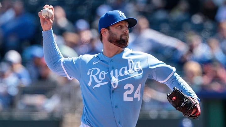 Apr 6, 2023; Kansas City, Missouri, USA; Kansas City Royals starting pitcher Jordan Lyles (24)