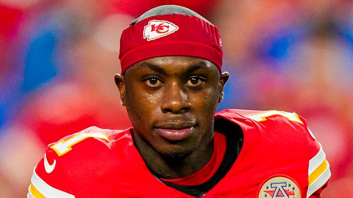 Oct 12, 2025; Kansas City, Missouri, USA; Kansas City Chiefs wide receiver Xavier Worthy (1) warms up prior to a game against the Detroit Lions at GEHA Field at Arrowhead Stadium. 