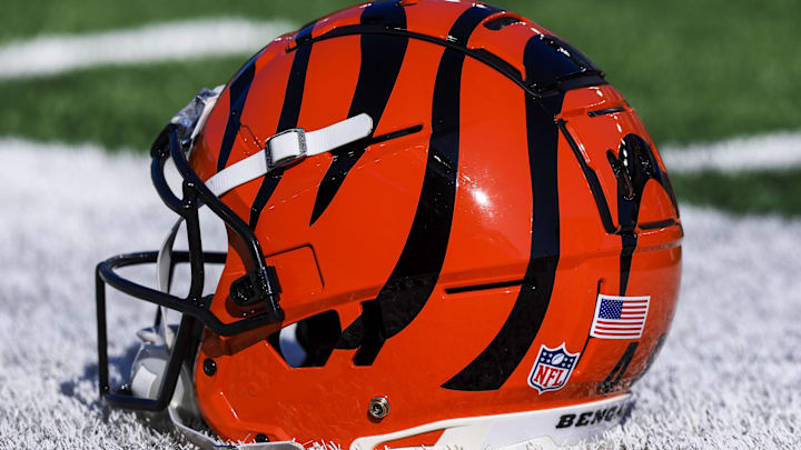 Dec 1, 2024; Cincinnati, Ohio, USA; A general view of the helmet of Cincinnati Bengals long snapper Cal Adomitis (48) during warmups before the game against the Pittsburgh Steelers at Paycor Stadium. Mandatory Credit: Katie Stratman-Imagn Images