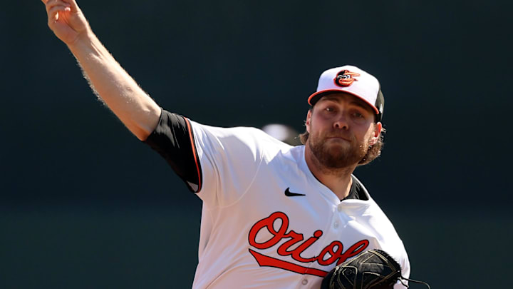 Feb 24, 2024; Sarasota, Florida, USA; Baltimore Orioles starting pitcher Corbin Burnes (39) throws a