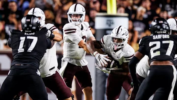 Mississippi State Quarterback Blake Shapen (#2) and Mississippi State Running Back Fluff Bothwell (#24) during the game between the Texas A&M Aggies and the Mississippi State Bulldogs at Kyle Field in College Station, TX.