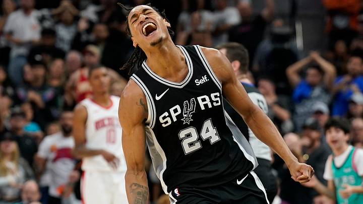 Oct 27, 2023; San Antonio, Texas, USA; San Antonio Spurs guard Devin Vassell (24) reacts during the second half against the Houston Rockets at Frost Bank Center. Mandatory Credit: Scott Wachter-USA TODAY Sports Oct 27, 2023; San Antonio, Texas, USA; San Antonio Spurs guard Devin Vassell (24) reacts during the second half against the Houston Rockets at Frost Bank Center. Mandatory Credit: Scott Wachter-USA TODAY Sports