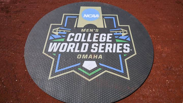 Jun 14, 2025; Omaha, Neb, USA;  Logo on the batting circle during the College World Series at Charles Schwab Field. Mandatory Credit: Steven Branscombe-Imagn Images