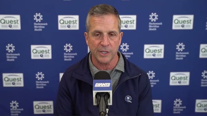 April 7: Giants head coach John Harbaugh speaks to reporters via a video call.