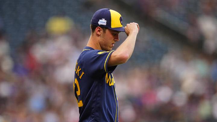 Jun 6, 2026; Denver, Colorado, USA;  Milwaukee Brewers starting pitcher Jacob Misiorowski (32) takes to the mound in the first inning against the Colorado Rockies at Coors Field. Mandatory Credit: Ron Chenoy-Imagn Images