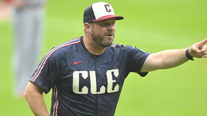 Jun 27, 2025; Cleveland, Ohio, USA; Cleveland Guardians manager Stephen Vogt (12) walks on the field in the first inning against the St. Louis Cardinals at Progressive Field. Mandatory Credit: David Richard-Imagn Images