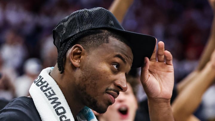 Mar 2, 2026; Tucson, Arizona, USA; Arizona Wildcats guard Jaden Bradley (0) speaks to the fans after they defeat the Iowa State Cyclones   at McKale Memorial Center. Mandatory Credit: Aryanna Frank-Imagn Images