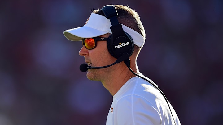 Aug 26, 2023; Los Angeles, California, USA; Southern California Trojans head coach Lincoln Riley watches game action against the San Jose State Spartans during the first half at Los Angeles Memorial Coliseum. Mandatory Credit: Gary A. Vasquez-Imagn Images