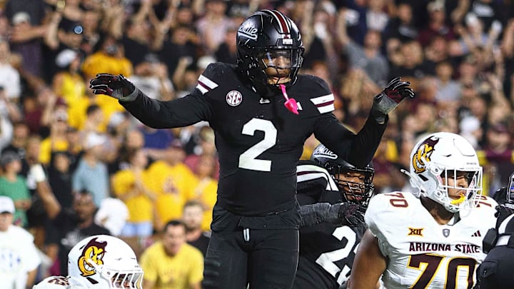 Mississippi State Bulldogs defensive back Isaac Smith (2) reacts after a defensive stop during the fourth quarter against the Arizona State Sun Devils at Davis Wade Stadium at Scott Field. Mississippi State Bulldogs defensive back Isaac Smith (2) reacts after a defensive stop during the fourth quarter against the Arizona State Sun Devils at Davis Wade Stadium at Scott Field.