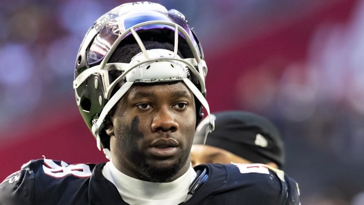 Dec 21, 2025; Glendale, Arizona, USA; Atlanta Falcons defensive lineman Ruke Orhorhoro (98) against the Arizona Cardinals at State Farm Stadium. Mandatory Credit: Mark J. Rebilas-Imagn Images