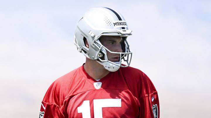 Las Vegas Raiders quarterback Fernando Mendoza runs through a drill during a Rookie Minicamp.