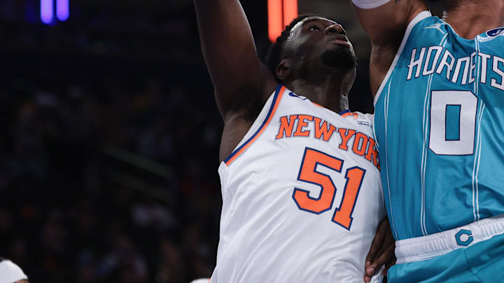 Oct 17, 2025; New York, New York, USA; Charlotte Hornets forward Miles Bridges (0) drives to the basket as New York Knicks forward Mohamed Diawara (51) defends during the first half at Madison Square Garden. Mandatory Credit: Vincent Carchietta-Imagn Images Oct 17, 2025; New York, New York, USA; Charlotte Hornets forward Miles Bridges (0) drives to the basket as New York Knicks forward Mohamed Diawara (51) defends during the first half at Madison Square Garden. Mandatory Credit: Vincent Carchietta-Imagn Images