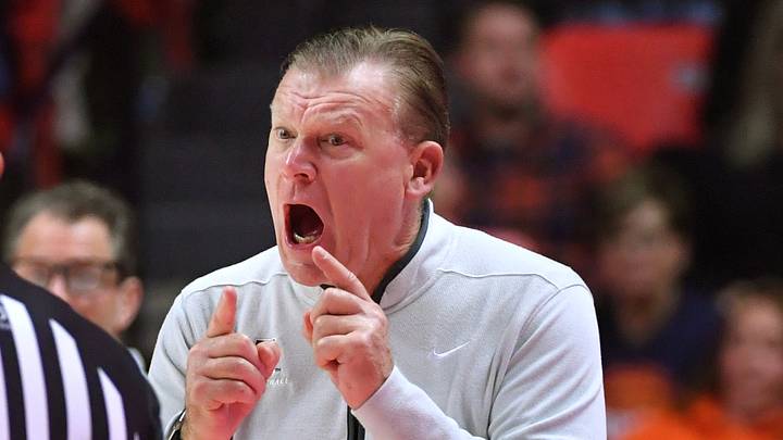 Nov 24, 2025; Champaign, Illinois, USA; Illinois Fighting Illini head coach Brad Underwood has words with an official during the second half against the UT Rio Grande Valley Vaqueros at State Farm Center. Mandatory Credit: Ron Johnson-Imagn Images Nov 24, 2025; Champaign, Illinois, USA; Illinois Fighting Illini head coach Brad Underwood has words with an official during the second half against the UT Rio Grande Valley Vaqueros at State Farm Center. Mandatory Credit: Ron Johnson-Imagn Images