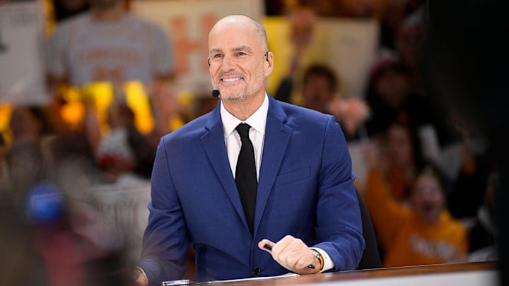 ESPN's Jay Bilas speaks during ESPN's 'College GameDay' broadcast ahead of No. 4 Tennessee's basketball game against No. 10 Texas at Thompson-Boling Arena in Knoxville, Tenn., on Saturday, Jan. 28, 2023.

Kns Ut Basketball College Gameday
