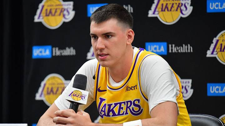 Sep 28, 2026; El Segundo, CA, USA; Los Angeles Lakers player Jake LaRavia (12) during media day at UCLA Health Training Center.  Mandatory Credit: Gary A. Vasquez-Imagn Images
