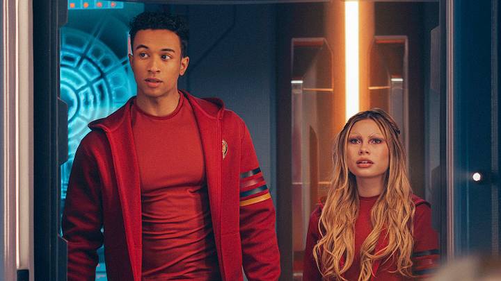 L-R: Sandro Rosta as Caleb and Bella Shepard as Genesis in season 1, episode 7, of Star Trek: Starfleet Academy streaming on Paramount+. Photo Credit: Brooke Palmer/Paramount+