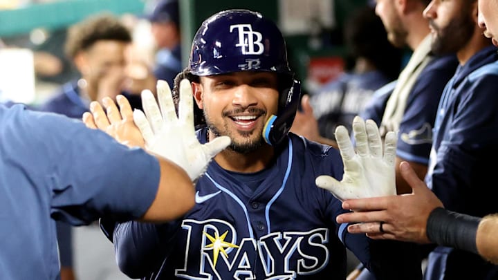 Tampa Bay Rays outfielder Everson Pereira (45) celebrates with his teammates after hitting a home run against the Washington Nationals at Nationals Park. Tampa Bay Rays outfielder Everson Pereira (45) celebrates with his teammates after hitting a home run against the Washington Nationals at Nationals Park.