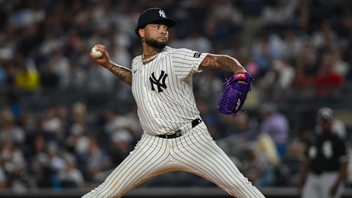 Sep 23, 2025; Bronx, New York, USA; New York Yankees pitcher Luis Gil (81) pitches against the Chicago White Sox during the first inning at Yankee Stadium. Mandatory Credit: John Jones-Imagn Images