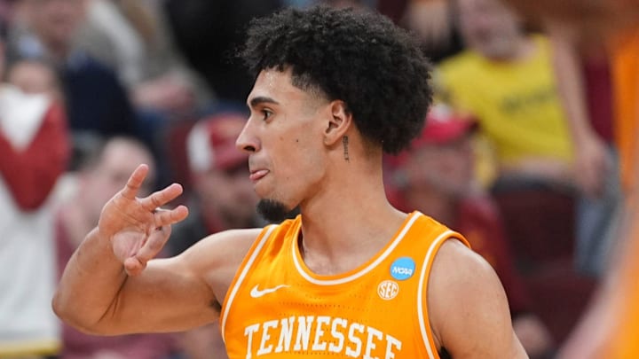 Tennessee guard Bishop Boswell (3) signals his 3-point basket during the NCAA Tournament Sweet 16 college basketball game against Iowa State at the United Center in Chicago on March 27, 2026. Tennessee guard Bishop Boswell (3) signals his 3-point basket during the NCAA Tournament Sweet 16 college basketball game against Iowa State at the United Center in Chicago on March 27, 2026.