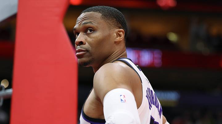 Sacramento Kings guard Russell Westbrook (18) looks towards the crowd before the start of the game against the Houston Rockets at Toyota Center on Feb 25, 2026. Sacramento Kings guard Russell Westbrook (18) looks towards the crowd before the start of the game against the Houston Rockets at Toyota Center on Feb 25, 2026.