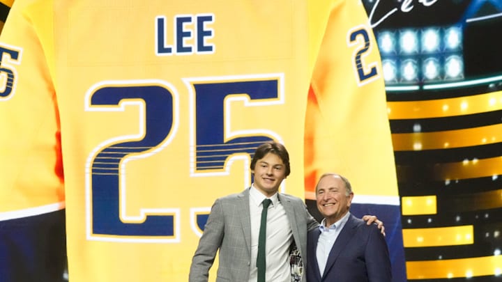 Jun 27, 2025; Los Angeles, California, USA; Ryker Lee is selected as the 26th overall pick to the Nashville Predators in the first round of the 2025 NHL Draft at Peacock Theater. Mandatory Credit: Kirby Lee-Imagn Images