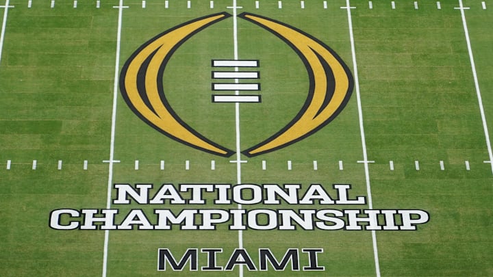 Jan 19, 2026; Miami Gardens, FL, USA; A general view of the center field logo before the CFP National Championship college football game between the Indiana Hoosiers and the Miami Hurricanes at Hard Rock Stadium. Mandatory Credit: James Lang-Imagn Images
